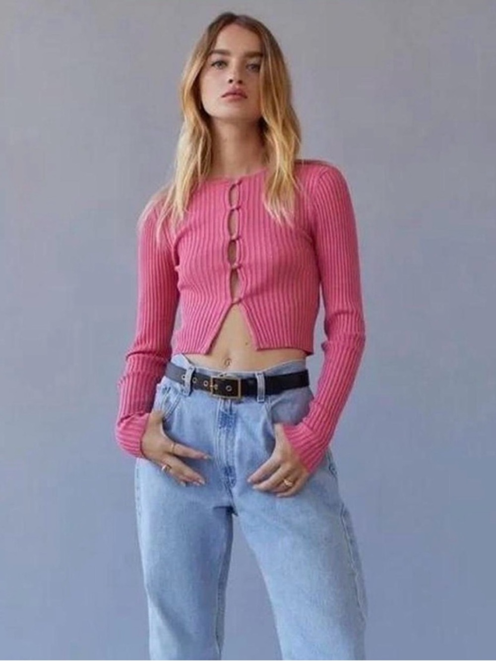 Urban Outfitters Ribbed Keyhole Crop Top - Pink